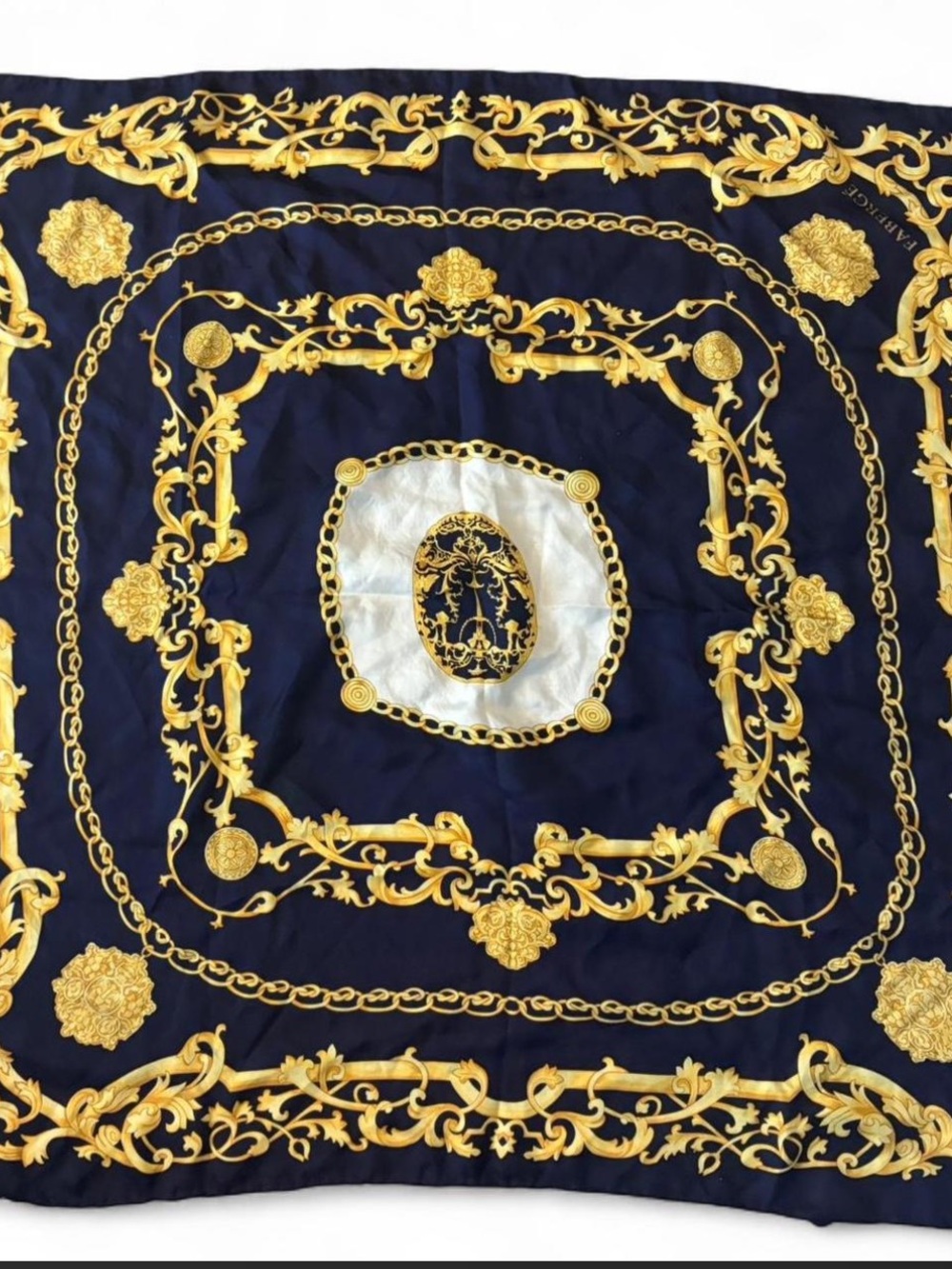 Fabrege 32x32 vintage Navy & Gold Baroque Silk Scarf